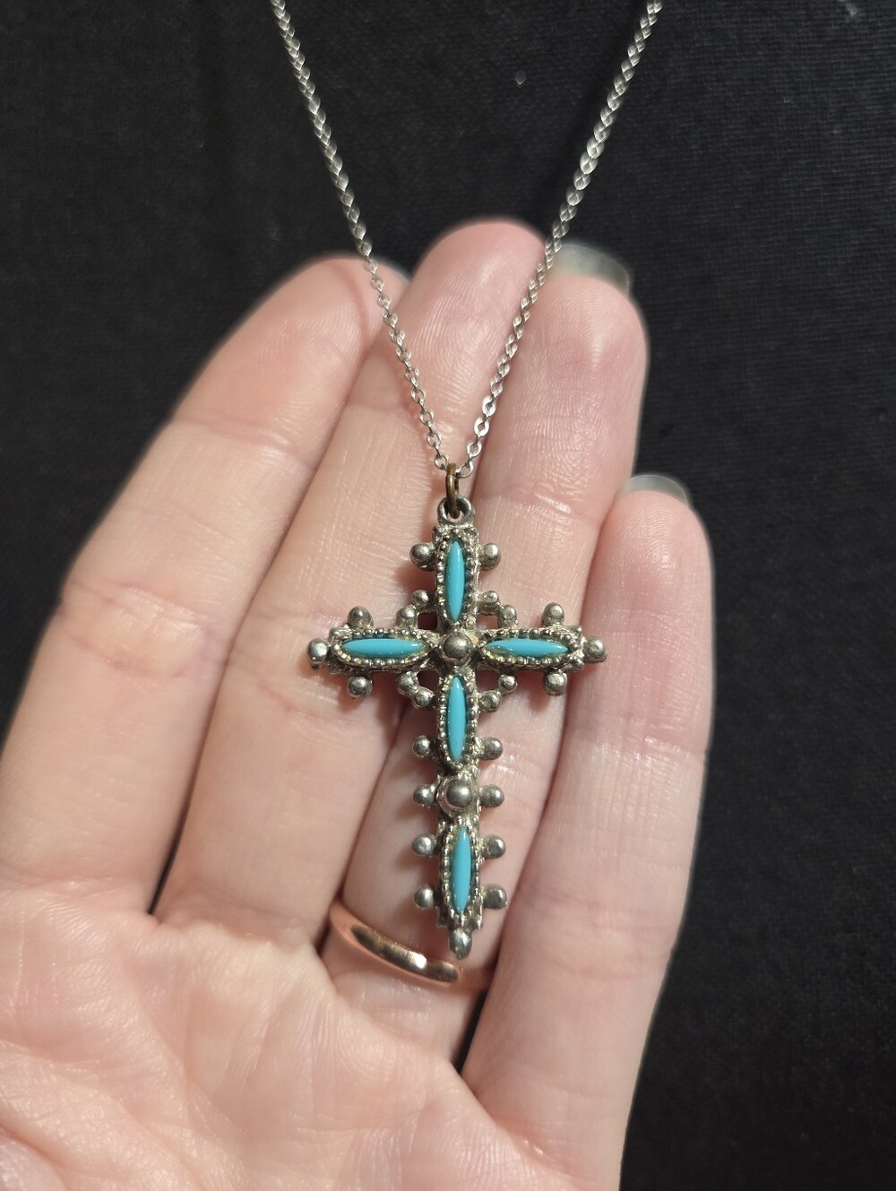 1970s Southwestern Vintage Faux Turquoise Silver Tone Cross Necklace Pendant
